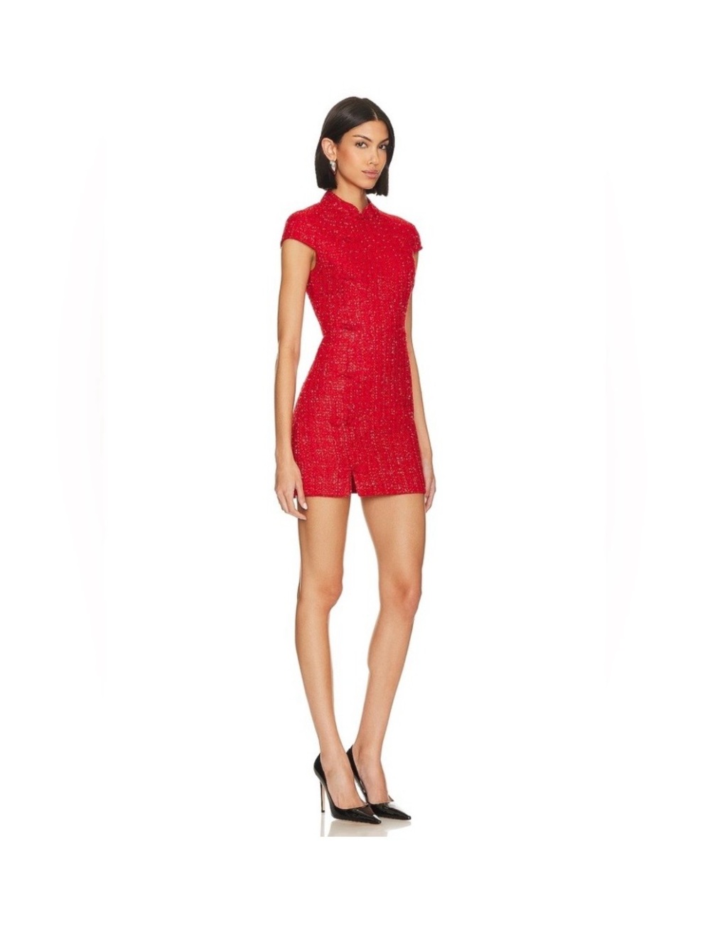 Sau Lee Cap-Sleeve Red Tweed Mini Dress with Front Slit - Picture 3 of 6
